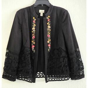 Jacket-Chico's-Black-Crochet Detail-Embroidery-No Closure-Long Sleeves-Size 2/M